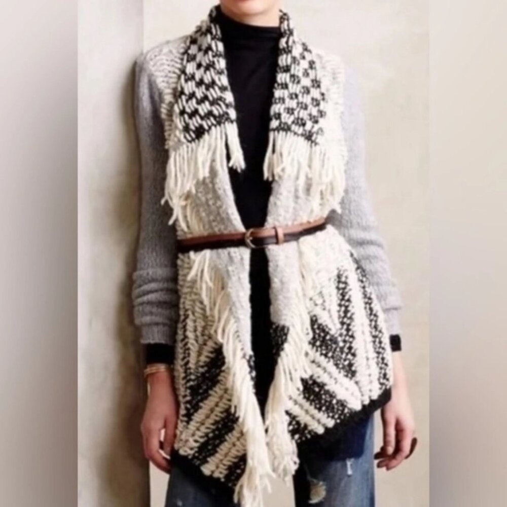 Anthropologie Moth Amba Fringe Washable Wool Blend Open Front Sweater Size M EUC